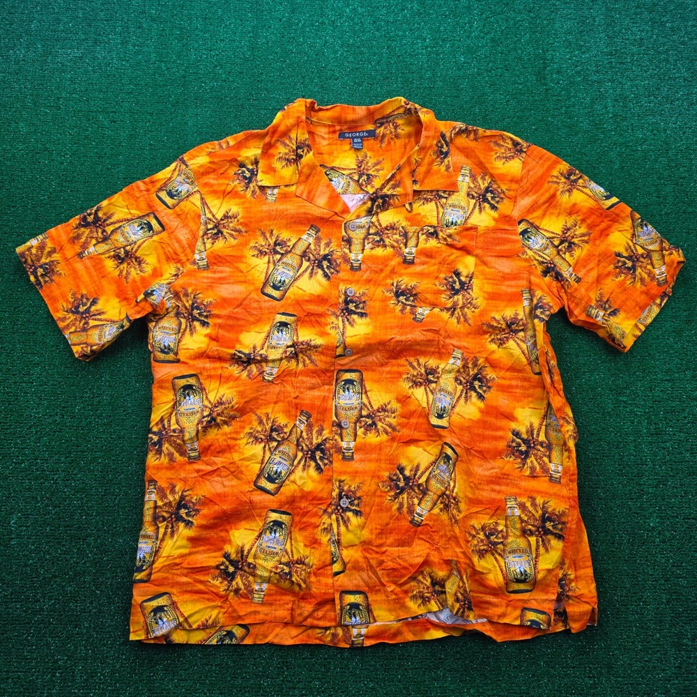 George Hawaiian Shirt Mens XL Orange Button Up Wrecked Lager Beer Bottle Rayon